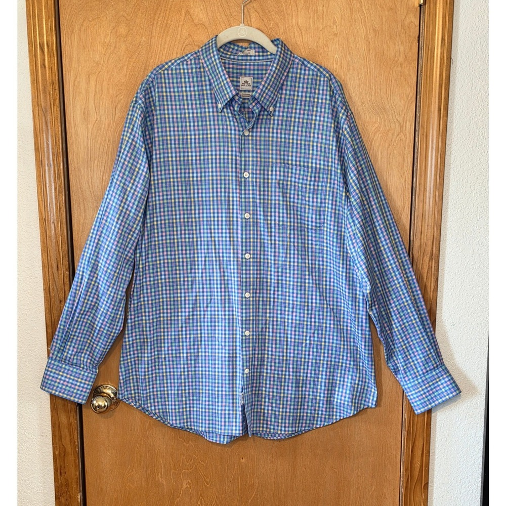 Peter Millar Nanoluxe Easy Care Plaid Button Down Shirt Mens XL Blue Multi Color